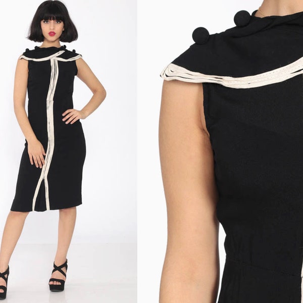 Black Cocktail Dress 1960s Sheath Wiggle White Stripe Collar 60s Mad Men Hourglass Sleeveless 50s Fitted Party Vintage Midi Extra Small xs