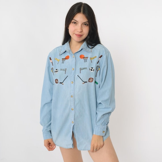 90s Denim Sports Shirt Embroidered Basketball Baseball Football Blue Jean Button Up Blue Long Sleeve Chambray Cotton Vintage 1990s Medium M