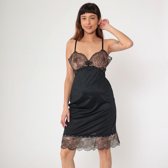 Vintage Black Slip Dress 70s Sheer Floral Lace Black Nylon Nightgown Lingerie Lace Midi 1970s Empire Waist Spaghetti Strap Medium 38