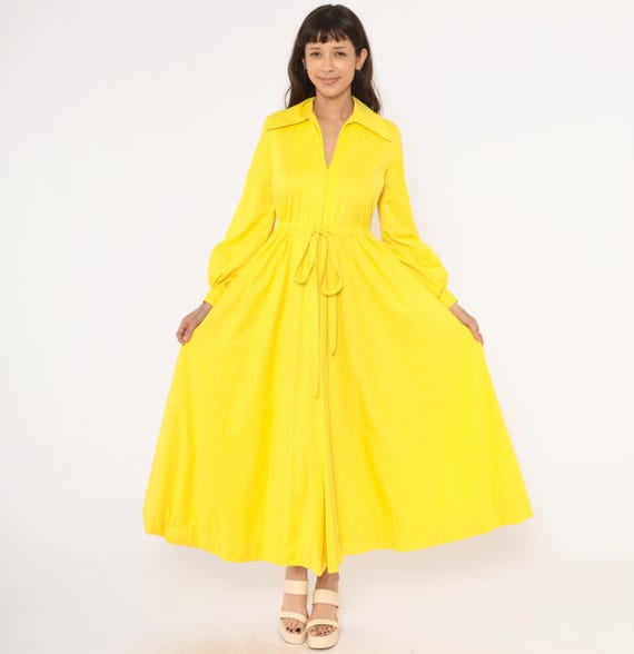 70s Yellow Dress Balloon Sleeve Zip Front Drawstring Gold Butter Lemon Full Skirt Gathered Prairie Vintage Cottagecore Loungewear Medium M