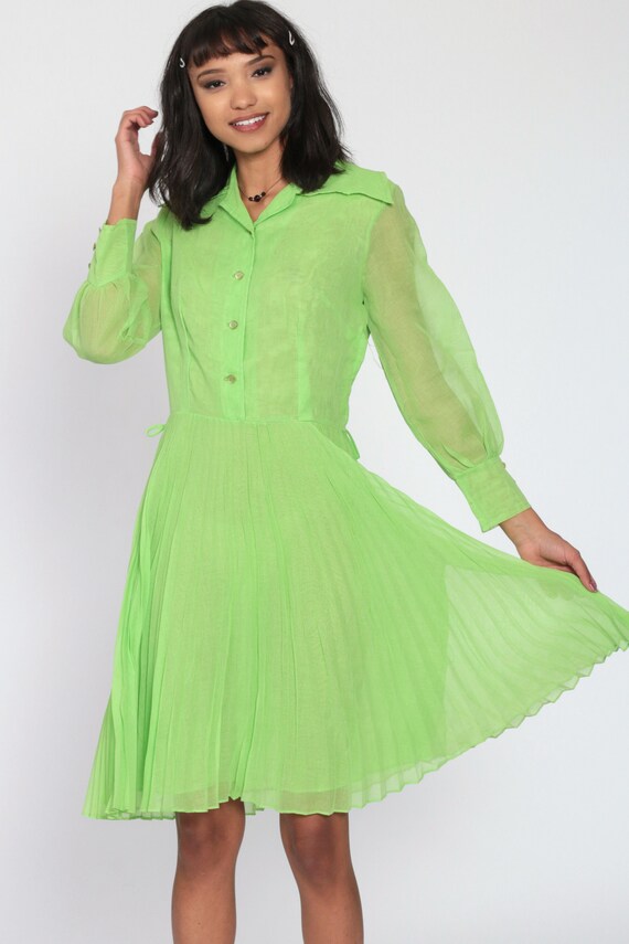 Sheer Green Dress 70s Mod Button up Dress Retro Boho PLEATED Midi Knee  Length High Waisted 1970s Vintage Minidress Long Sleeve Small - Etsy Israel