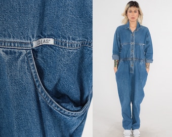 Denim Jumpsuit 90s Ideas Coveralls Blue Jean Snap up Boiler Suit 3/4 Sleeve Romper Pants Utility Workwear Boilersuit Vintage 1990s Medium