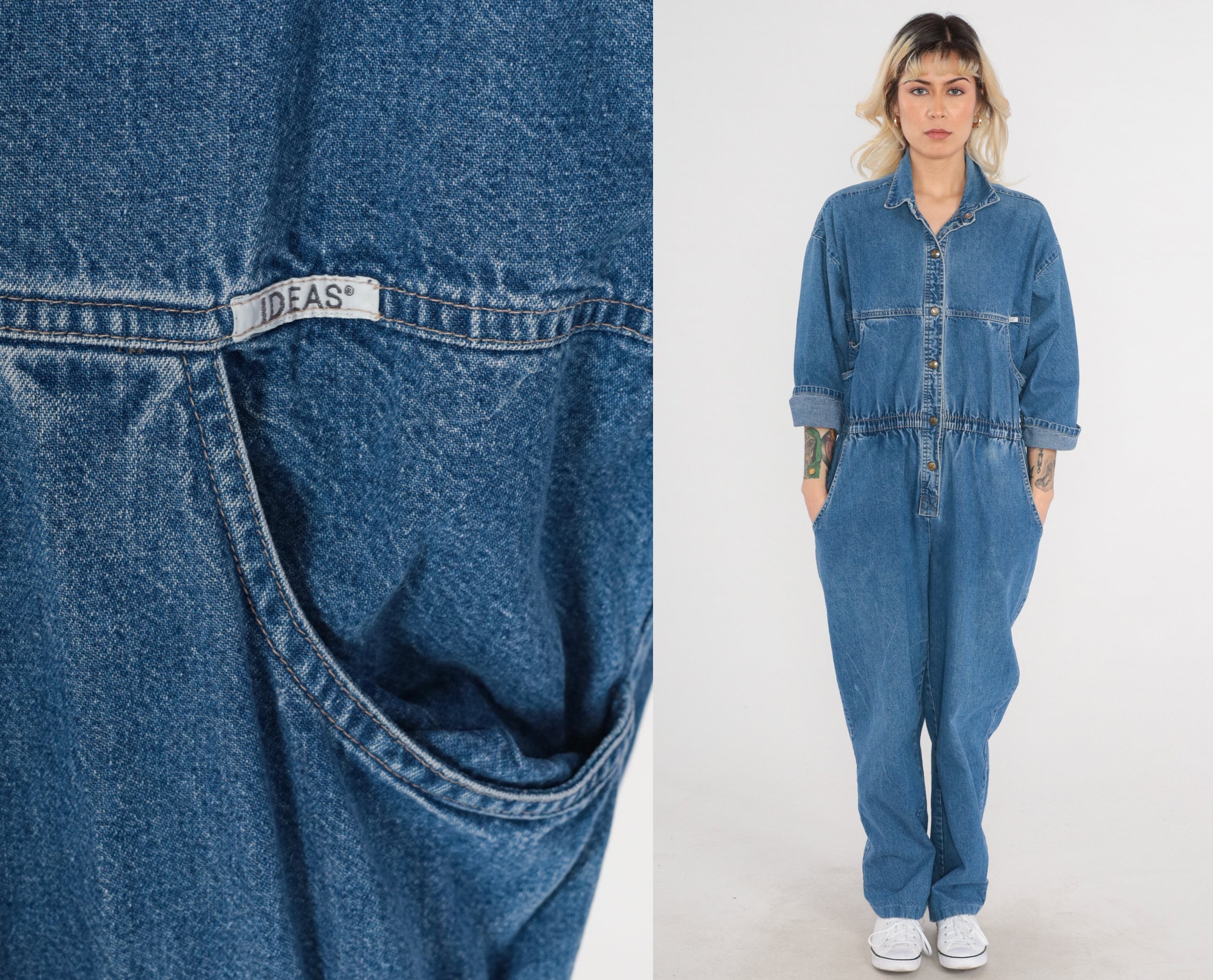 Womens Denim Coverall Aviator, One Piece Jean Collar Neckline