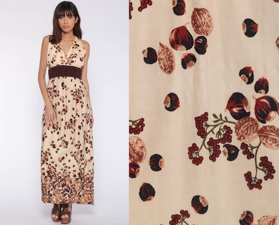 Hazelnut Print Dress Boho Maxi Dress 70s Hippie Novelty Bohemian Fruit Nut Vintage Sleeveless 1970s Empire Waist V Neck Small s