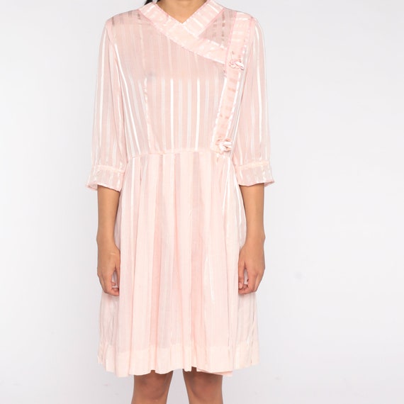 Baby Pink Striped Dress 70s 80s Mini Dress Sheer … - image 6