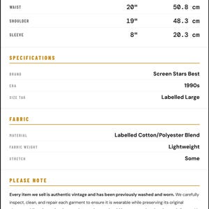 May include: Vintage garment measurements: Length 27 inches (68.6 cm), armpit to armpit 20.5 inches (52.1 cm), waist 20 inches (50.8 cm), shoulder 19 inches (48.3 cm), sleeve 8 inches (20.3 cm). Made of a cotton/polyester blend. Labelled Large.