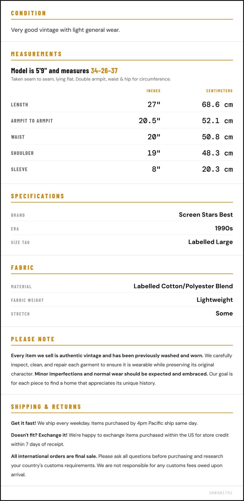 May include: Vintage garment measurements: Length 27 inches (68.6 cm), armpit to armpit 20.5 inches (52.1 cm), waist 20 inches (50.8 cm), shoulder 19 inches (48.3 cm), sleeve 8 inches (20.3 cm). Made of a cotton/polyester blend. Labelled Large.