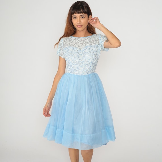 60s Blue Lace Dress White Floral Light Blue Tulle Skirt Fit Vintage Party Formal Wedding Guest Cottagecore Winter Party Snow Queen Small S