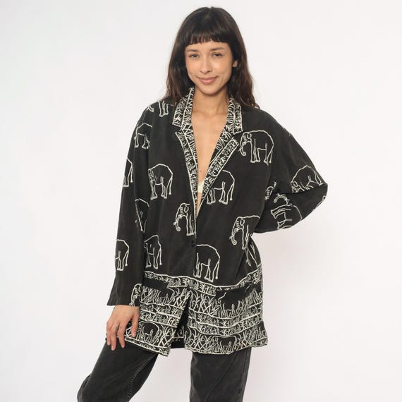 Elephant Print Blazer 90s Cotton Tunic Black White Collar Border Pattern Novelty Ethnic Tribal Animal Safari Style Vintage Jacket Medium M