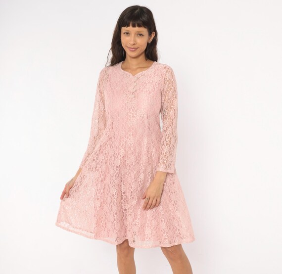 Blush Lace Dress 90s Allison Ann Floral Long Sleeve Button Front Corset Back Rose Pink Feminine Fit Flare Garden Party Vintage Large L