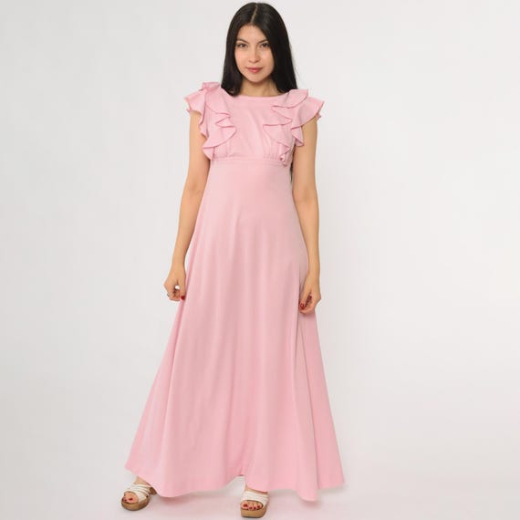 Pink Ruffle Dress 70s Open Back Maxi Coquette Vintage Princess Romantic Prom Formal Cocktail Party Dreamy Disco Summer Fairycore Small S