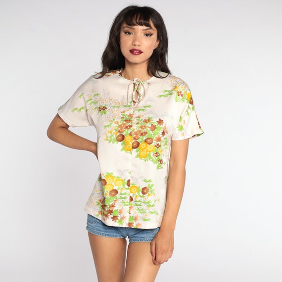 70s Floral Blouse Keyhole Cut Out Shirt Yellow Off White Boho Top 1970s Vintage Retro Hippie Bohemian Small S