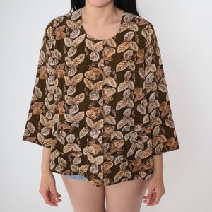 Brown Leaf Blouse Y2k Button Up Shirt Retro Long 3/4 Sleeve Top Summer Pocket Botanical Shirt Vacation Vintage 00s Small S