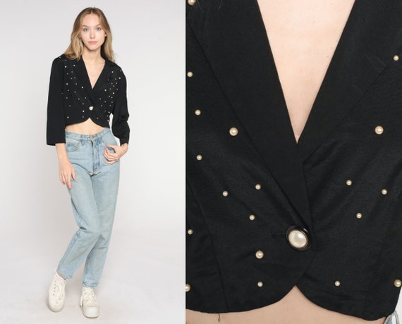 Pearl Jacket 90s Black Cropped Blazer Boho Beaded Retro Glam Formal Party Cocktail Jacket Bohemian Crop Coat 3/4 Sleeve Vintage 1990s Medium