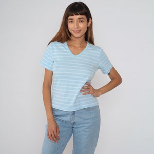 Striped T-Shirt 90s V Neck TShirt Blue White Tee Retro Short Sleeve Basic Plain Summer V Neck Shirt Cotton 1990s Favorites Vintage Medium M image 4