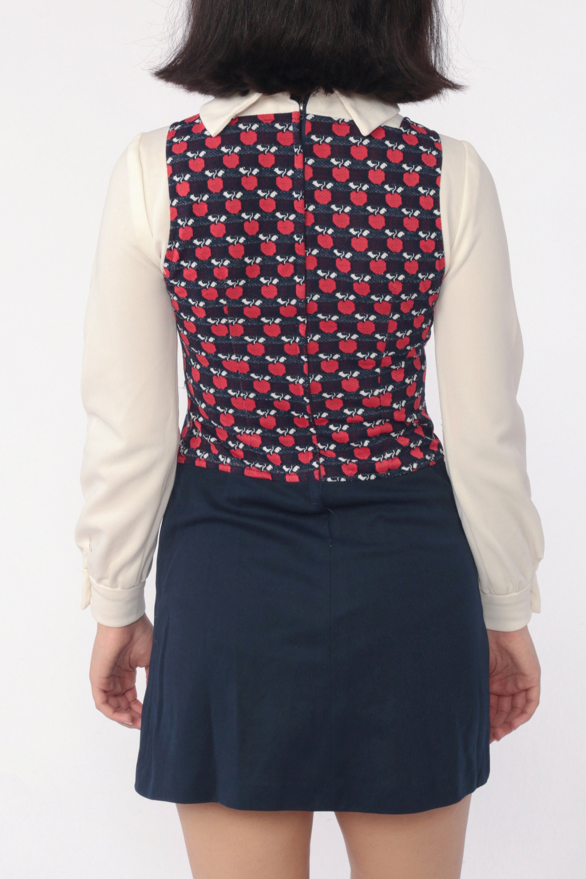 Apple Babydoll Mini Dress 70s Mod Mini FRUIT Print Peter Pan Collar