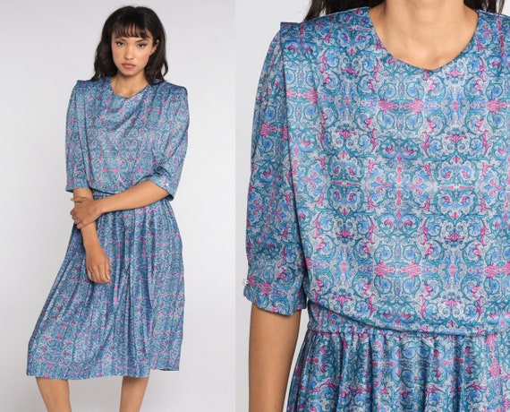 Pleated Secretary Dress 80s Midi Dress Blouson Blue Geometric Dress High Waist Secretary 3/4 Sleeve Dress Vintage Extra Large xl
