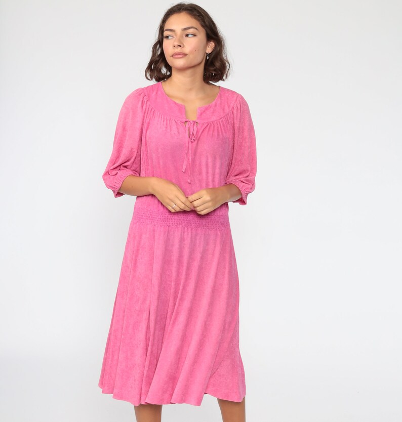 70s Bohemian Dress Pink PEASANT Boho Midi Dress 1970s Festival Vintage Long Sleeve Hippie High Waisted Dress Large xl