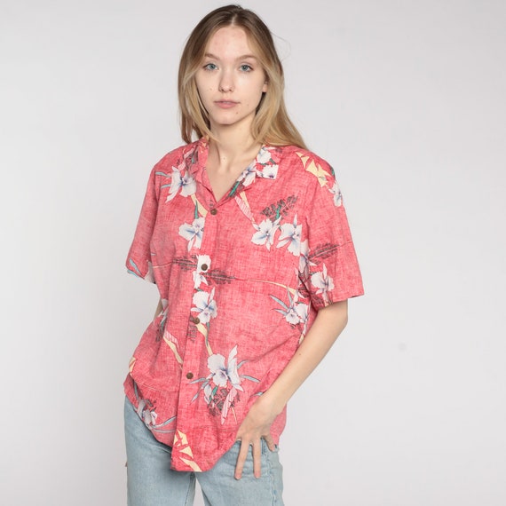 Vintage Tropical Floral Shirt Faded Red Hawaiian Shirt Button Up 90s Surfer Vacation Short Sleeve Top Surf 1990s Men's Large