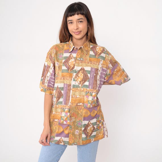 90s Patchwork Shirt Cotton Quilted Print Brown Purple Orange Earth Tone Short Sleeve Collared Vintage Geometric Floral Casual Medium M