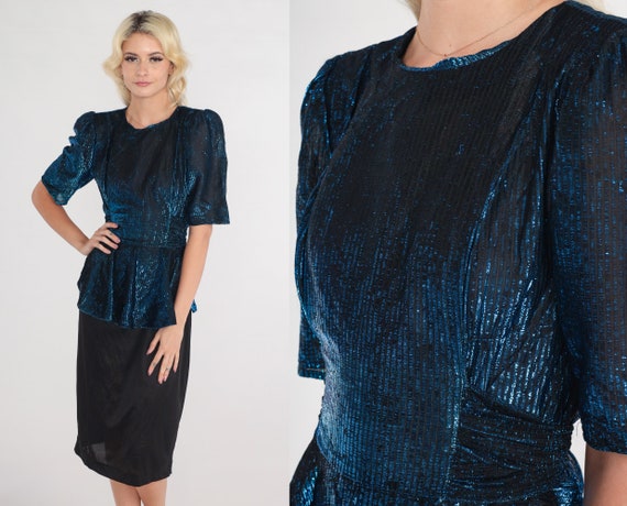 Metallic Party Dress 80s Sparkly Peplum Dress Blue Black Cocktail Midi Dress Puff Sleeve Evening Formal Glam Eighties Vintage 1980s Small S