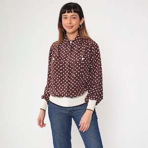 80s Brown Polka Dot Shirt Slouchy Button Up Blouse Long Sleeve Vintage 1980s Retro Banded Hem Retro Large 12