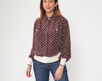 80s Brown Polka Dot Shirt Slouchy Button Up Blouse Long Sleeve Vintage 1980s Retro Banded Hem Retro Large 12