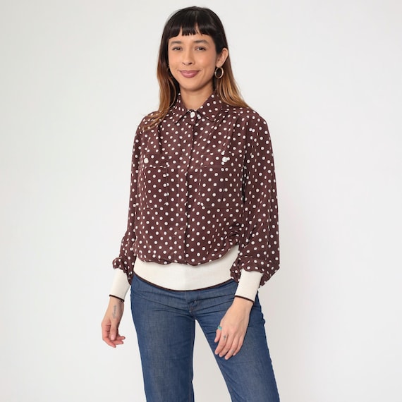 80s Brown Polka Dot Shirt Slouchy Button Up Blouse Long Sleeve Vintage 1980s Retro Banded Hem Retro Large 12