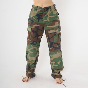 Vintage 90s Woodland Camouflage Pants Military Style Cargo Utility Trousers Camo Adjustable Waist Cotton Nylon Blend Small S