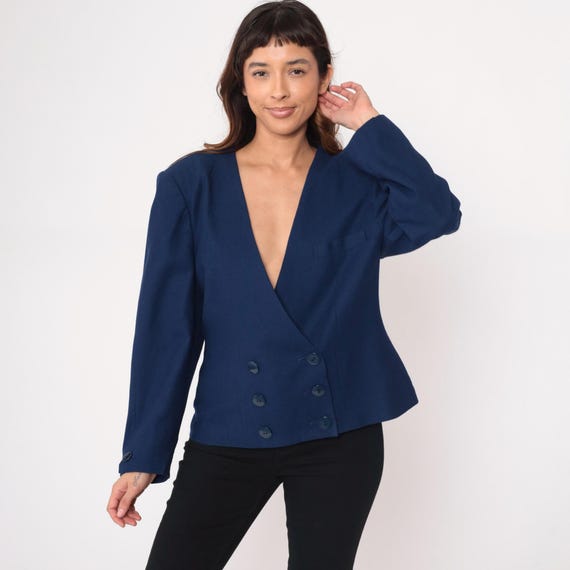 Blue Wool Blazer Saks Fifth Avenue 80s Double Breasted Collarless Cropped Jacket Vintage Tailored Dark Academia Professional Corpo Large L