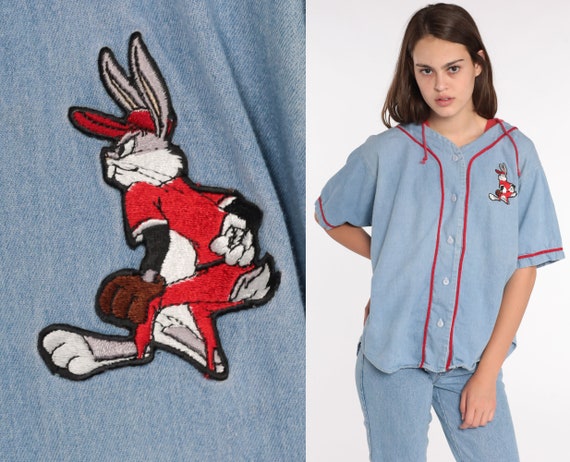Denim Looney Tunes Shirt Bugs Bunny Jean Shirt Baseball Hoodie Warner Bros Cartoon 90s Button Up Vintage Long Sleeve Extra Large xl l