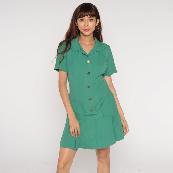 60s Girl Scout Dress Mini Button Up Scouts USA Uniform Dress Retro Preppy Short Sleeve High Waisted Green School Girl Vintage 1960s Medium M