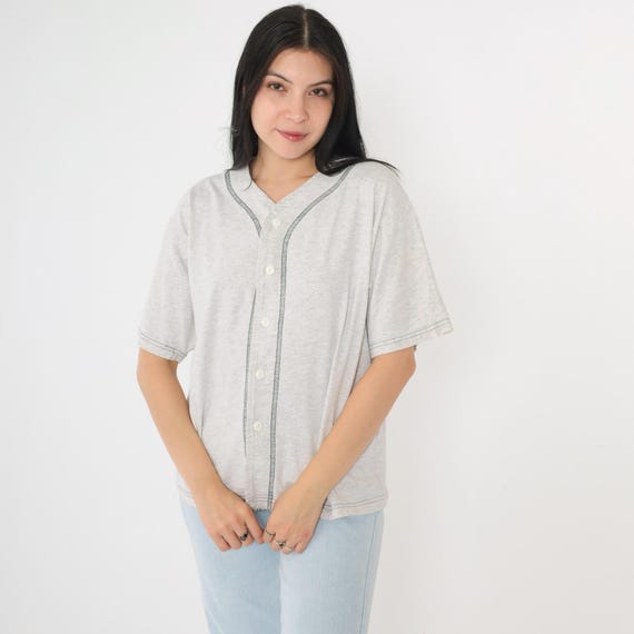 Vintage Baseball Button Up Shirt 90s Heather Grey Topstitch Short Sleeve Shirt Classic Simple Top Collarless Plain Retro 1990s Medium M