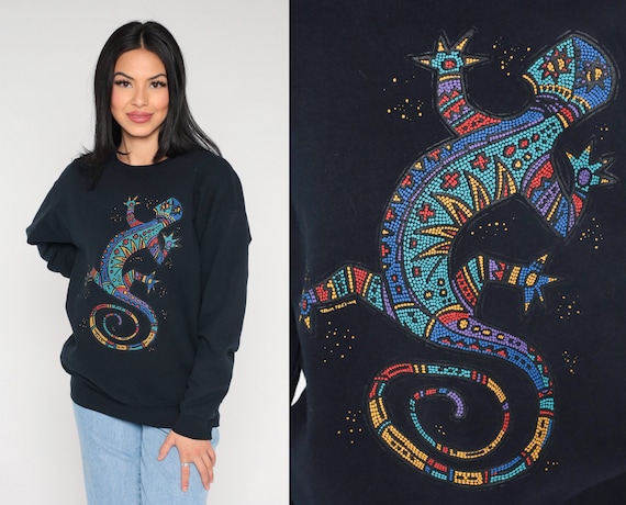 00s Tewa Tees Sweatshirt Y2k Vintage Gecko Lizard Sweatshirt Graphic Shirt Animal Pullover Crewneck Sweater Southwest Vintage Black Medium