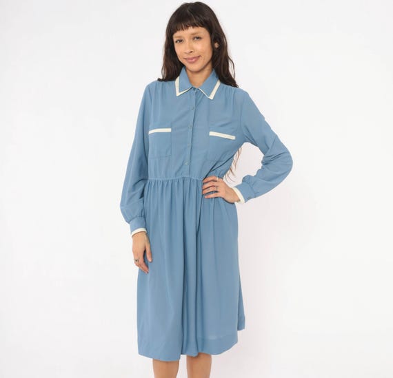 70s Powder Blue Shirt Dress Button Front Gathered Waist Cream Trim Collar Cuff Pocket Long Sleeve Sky Periwinkle Vintage Stellas Medium M