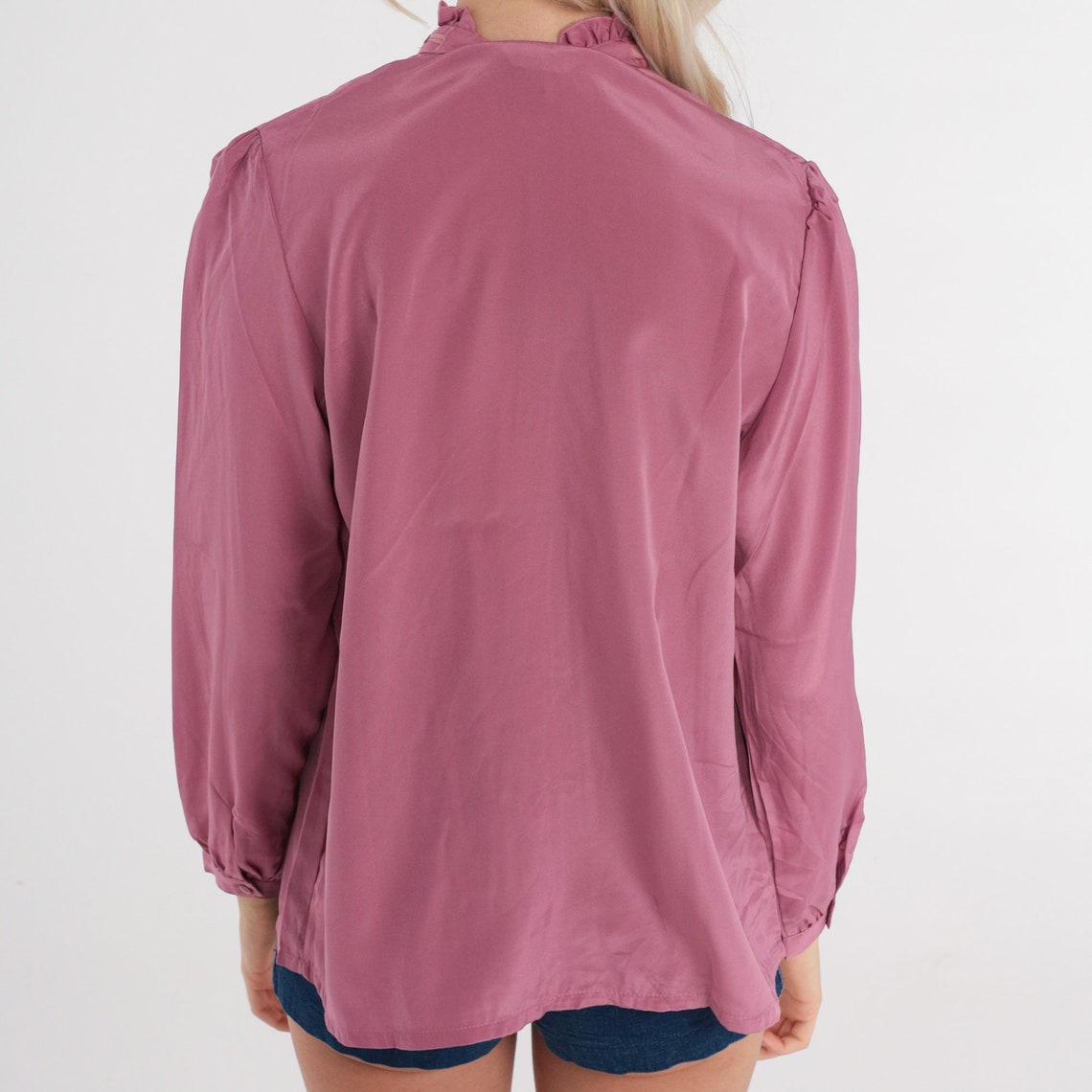 80s Bow Neck Blouse Dusty Rose Pink Shirt Ruffle Neck Secretary Blouse ...