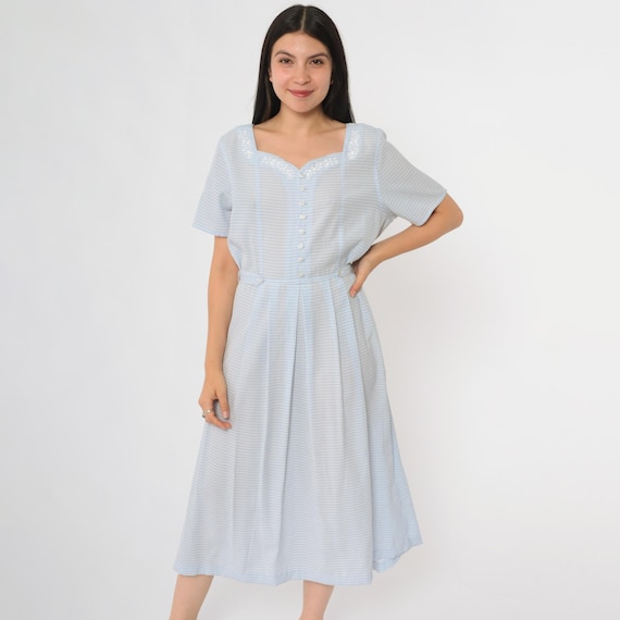 Blue Gingham Sundress 90s Floral Embroidered Neckline Short Sleeve Midi Dress Picnic Date Cottagecore Prairie Soft Girl Day Dress Medium M