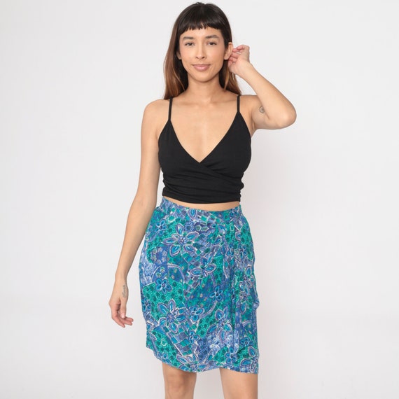Floral Mini Skirt 90s Faux Wrap Panel Elastic Waist Green Blue Skirt 1990s Vintage Hippie Festival High Waisted Tropical Purple Small 6