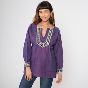 70s Embroidered Tunic Top Purple Floral Blouse Boho Hippie Shirt Vintage Bohemian Bib 1970s V Neck Long Sleeve Small S