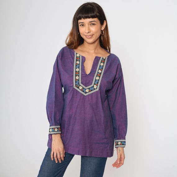 70s Embroidered Tunic Top Purple Floral Blouse Boho Hippie Shirt Vintage Bohemian Bib 1970s V Neck Long Sleeve Small S