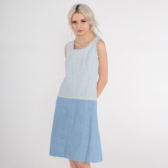60s Mod Dress Blue Striped Mini 70s Shift Dress Drop Waist Twiggy Retro Vintage Go Go MiniDress Sleeveless White Scoop Neck Space Age Small