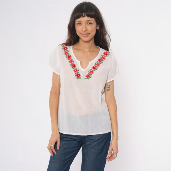 90s Embroidered Mexican Blouse White Cotton Floral V Neck Short Sleeve Semi Sheer Peasant Top Cottagecore Fairycore Red Pink Vintage Large L