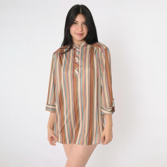 70s Boho Blouse Tan Brown Striped Shirt High Neck Mandarin Collar Top Hippie Shirt Bohemian Henley Neck Retro Vintage 1970s Large