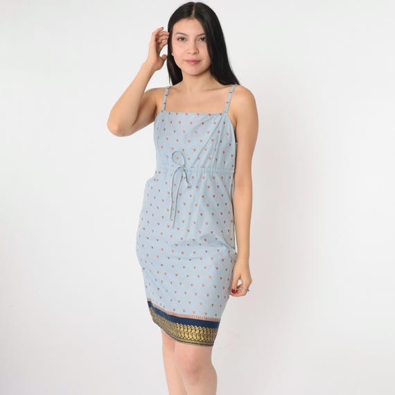 Y2K Sundress Metallic Paisley Dress Boho Light Blue Spaghetti Strap Summer High Drawstring Waist Bohemian Hippie Vintage 00s Small Medium