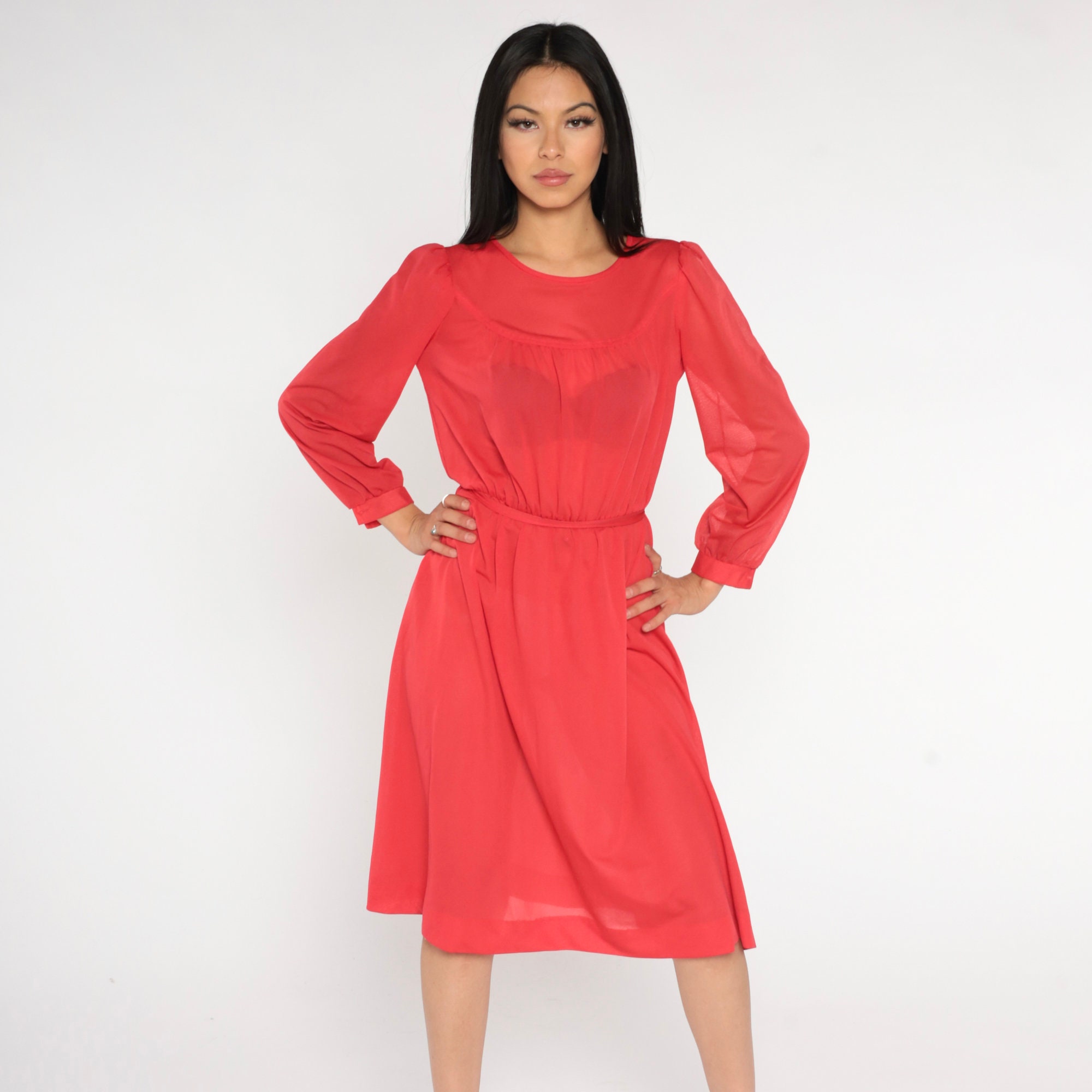 Sheer Red Dress 70s Midi Dress Boho PUFF SLEEVE Dress