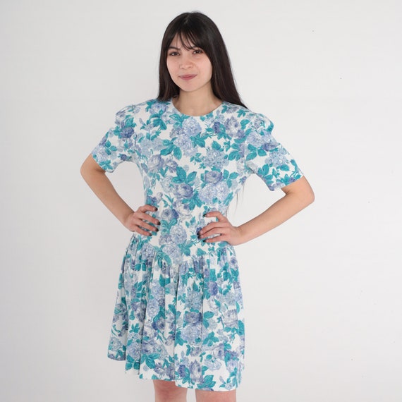 Floral Mini Dress 80s 90s Puff Sleeve Dress Cottagecore Low Basque Waist White Flower Rose Print Minidress Green Blue Vintage 1990s Small