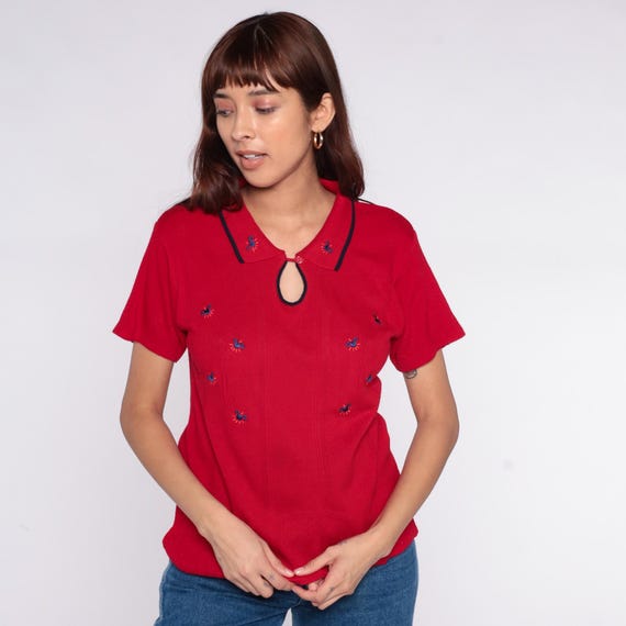 70s Red Embroidered Polo Shirt Flowers Keyhole Neckline Button Collar Knit Top Black Trim Floral Blue Vintage Preppy Collared Summer Medium