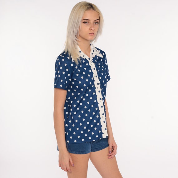 Polka Dot Shirt 70s Top Button Up Shirt Blue Blou… - image 3