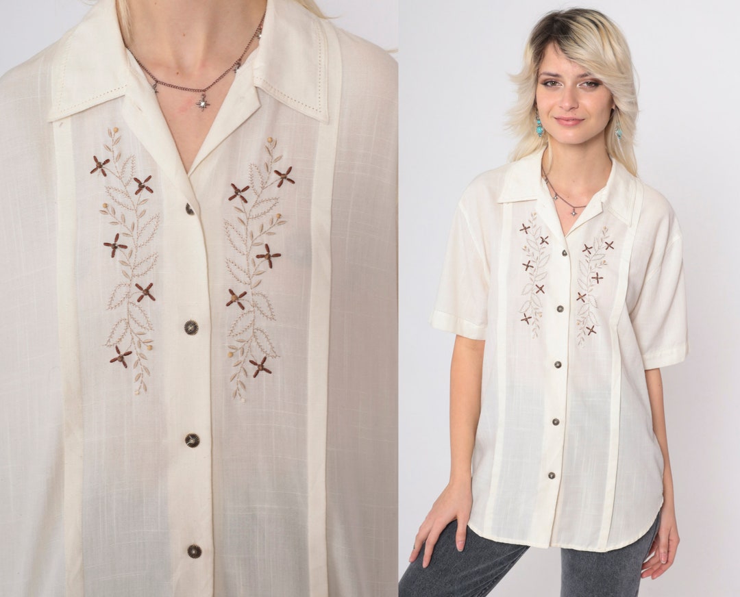 Vintage 80s90s White Cross Stitch Floral Handmade Tunic Smock Blouse Top L 14/16 main image 0