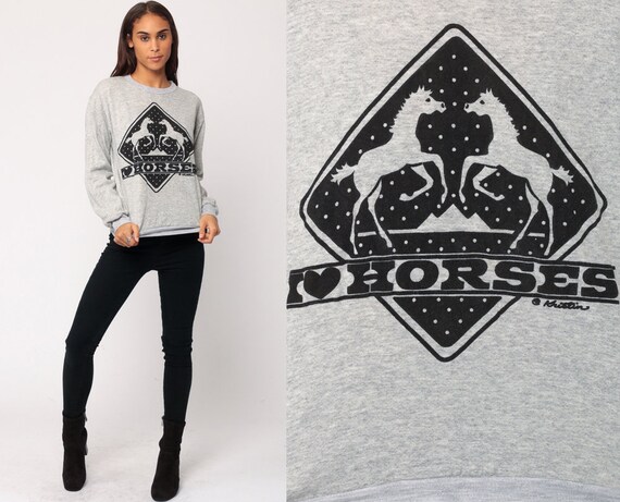 Horse Sweatshirt I HEART HORSES Shirt 80s Animal Shirt Jumper Graphic 1980s Equestrian Hipster Sweater Vintage Grey Medium